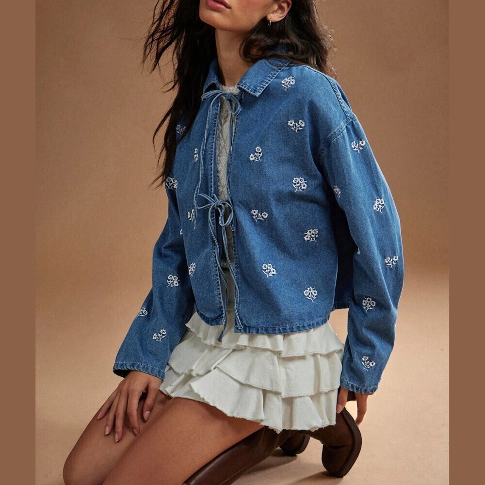 Blue Denim Floral Embroidered Tie Front Collared Crop Jacket